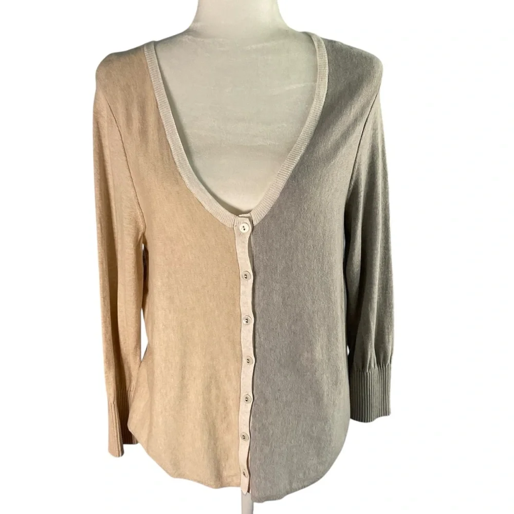 Margaret O'Leary Two-Tone Gray Tan Color Block V-Neck Button-Up Cardigan Size L